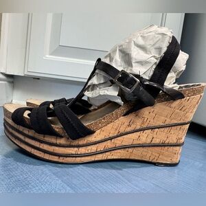 Boutique by Nordstrom Size 11 Riva Black Fabric/Leather Cork Heel Wedge Sandals